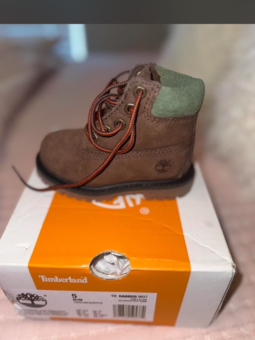 NEW Timberland Kids Brown Suede Lace-Up Boot with Green Collar